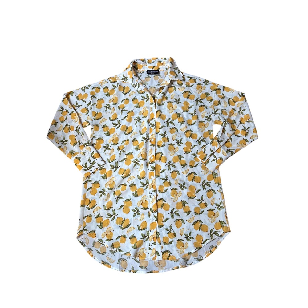 Kittenish‎ Button Down Shirt Womens White Yellow Lemon Print Casual SIZE Small